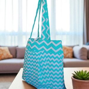 Blue and White Chevron Tote Bag with Wide Straps